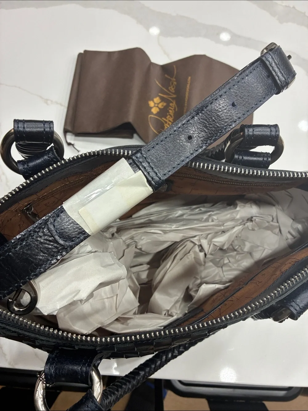 Augusta Satchel Vintage Distressed Woven Leather | Navy Blue
